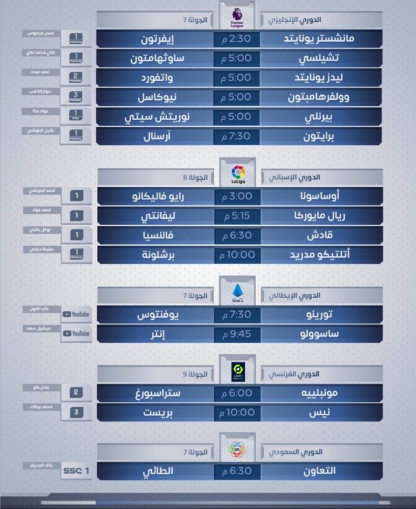 مباريات اليوم السبت 2 اكتوبر 2021