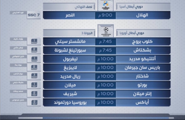 مباريات اليوم الثلاثاء 19 اكتوبر 